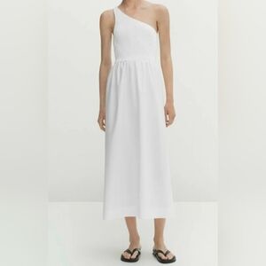 Massimo Dutti Smocked Bodice One Shoulder 100% Cotton Midi Dress